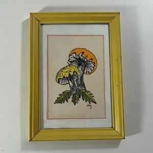 Vintage Orange & Yellow Mushrooms Toadstools Original Painting signed 1960s 70s